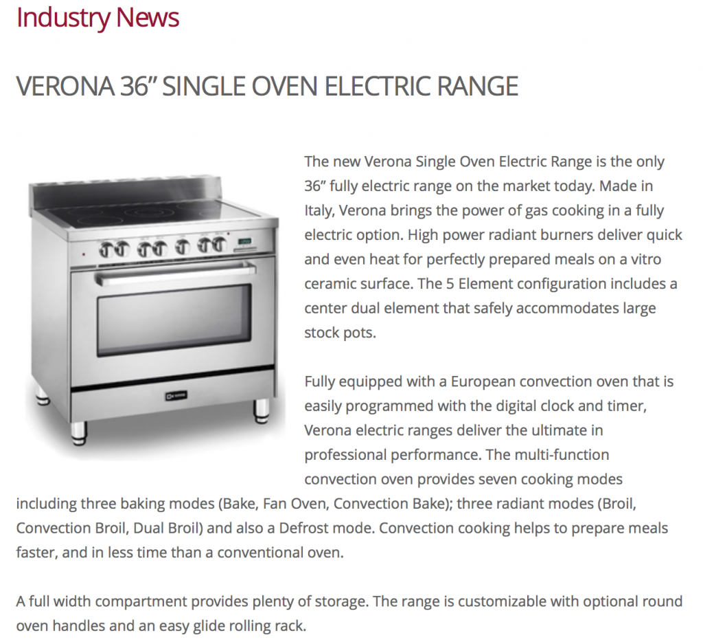 In The News Verona 36″ Single Oven Electric Range